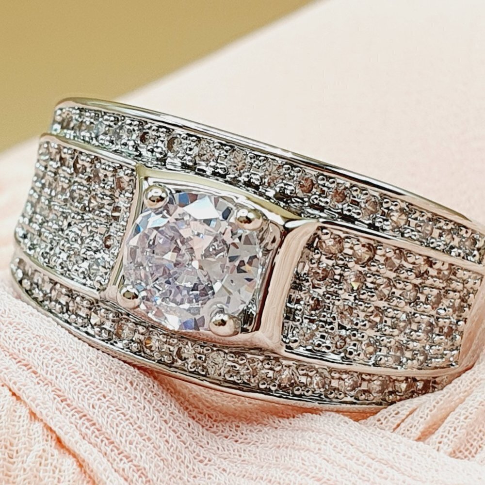 💍 Glitter Zircon Full Filled Silver Chunky Wedding Ring for Man, INDN8362